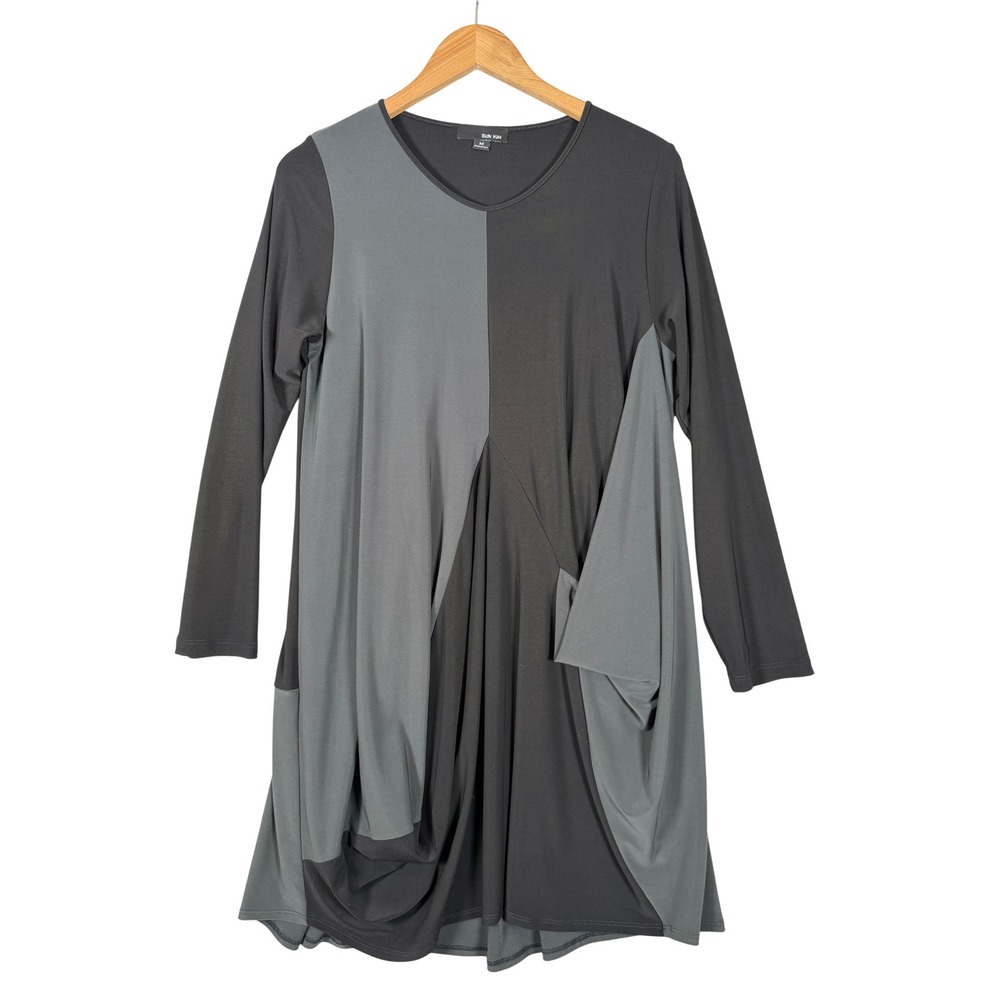 Sun‎ Kim Tunic Top Womens M Black Grey Good Lagenlook Drape Asymmetrical